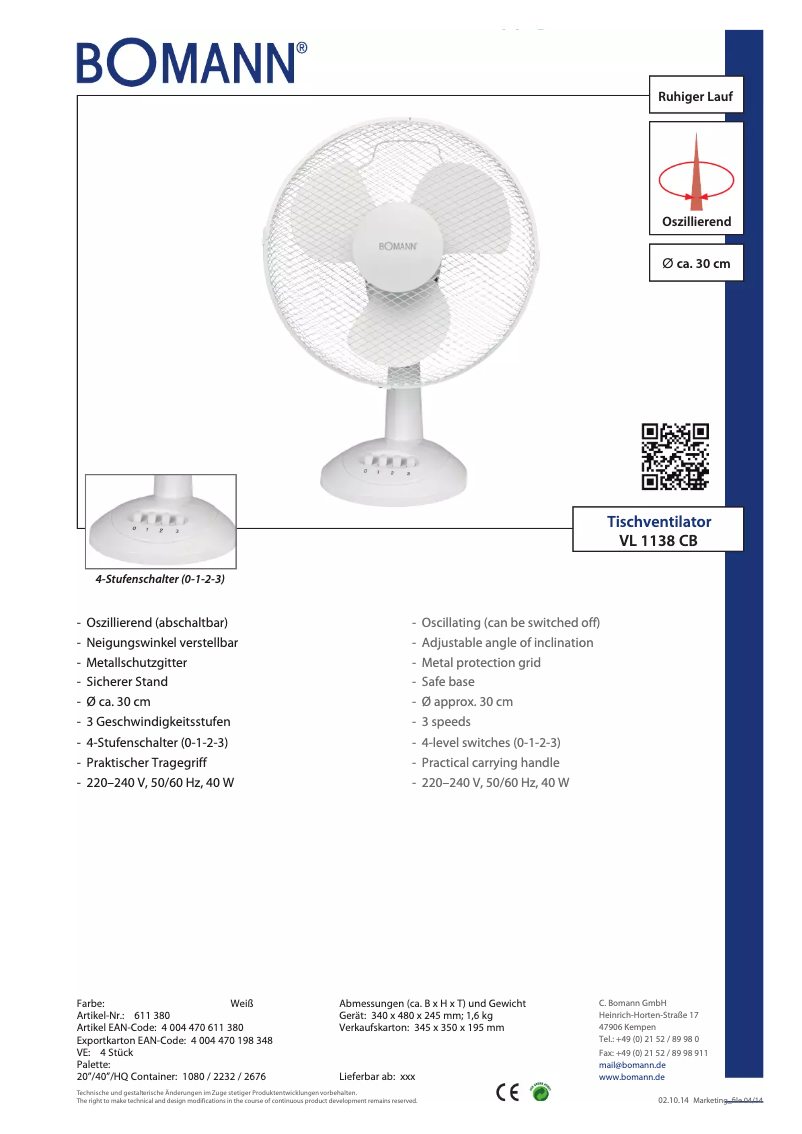 Página 1 del manual Ficha técnica Bomann VL 1138 CB