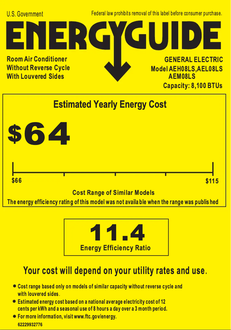Page 1 de la notice Label énergétique GE AEL08LS