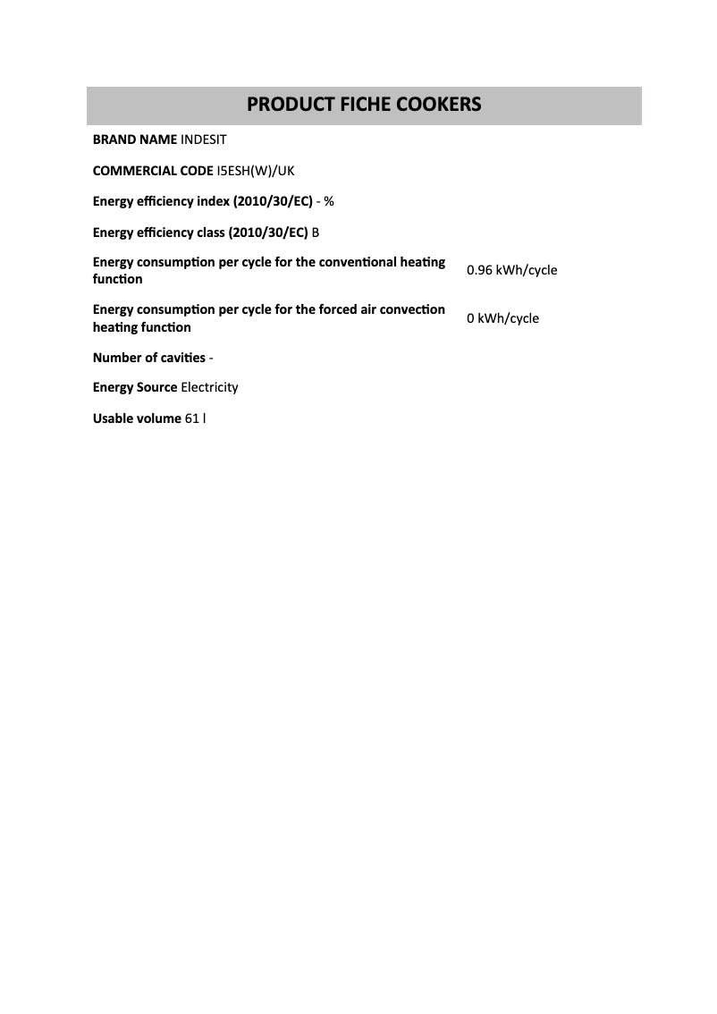 Page n°1 - Fiche technique Indesit I5ESHWUK