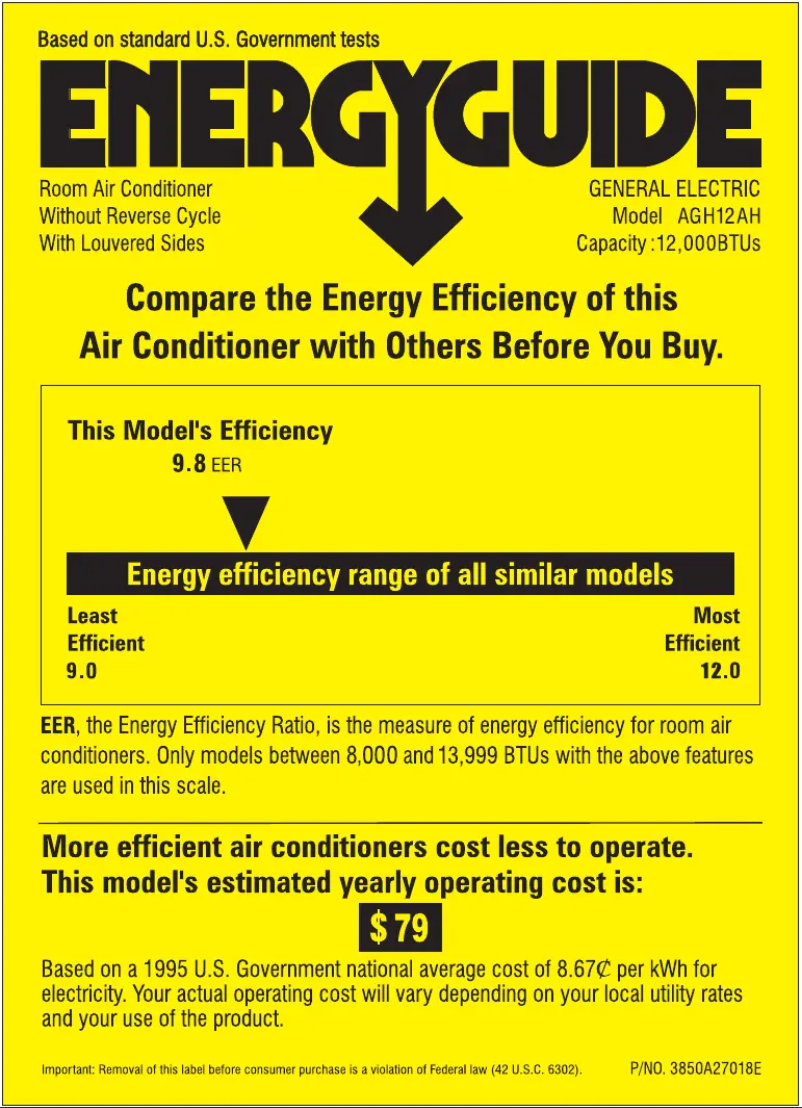 Page 1 de la notice Label énergétique GE AGH12AH