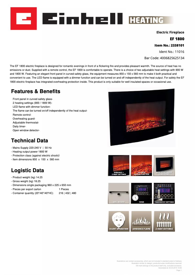 Page 1 of the manual Technical Sheet Einhell EF 1800