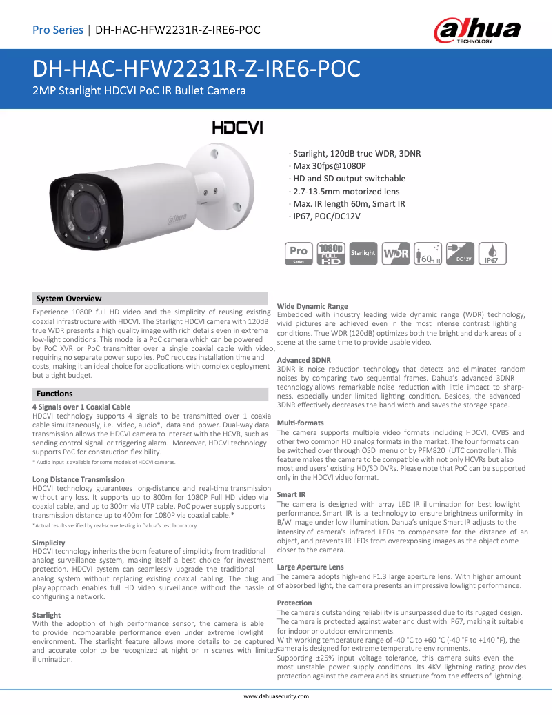 Page n°1 - Fiche technique Dahua Technology HAC-HFW2231R-Z-IRE6-POC