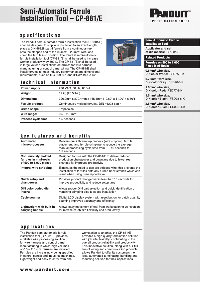 Page 1 de la notice Fiche technique Panduit CP-881/E