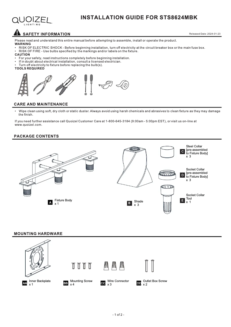 Page 1 de la notice Manuel utilisateur Quoizel Stetson STS8624MBK