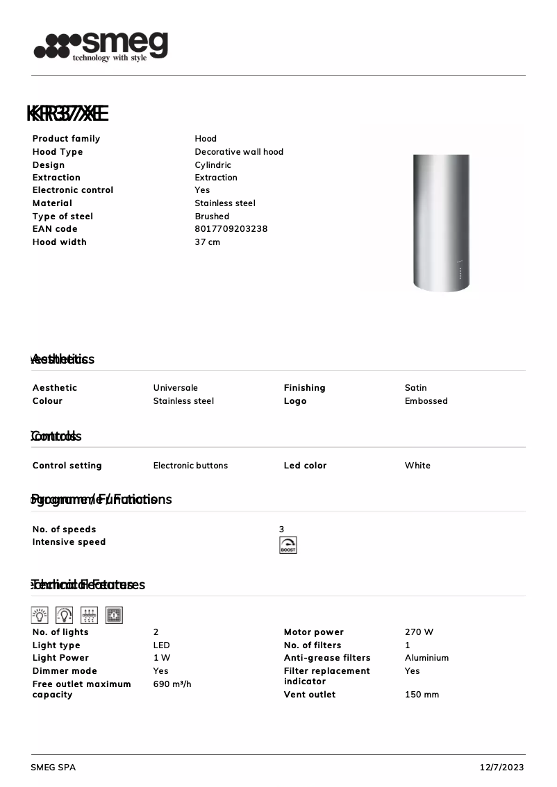 Page 1 de la notice Fiche technique Smeg KR37XE