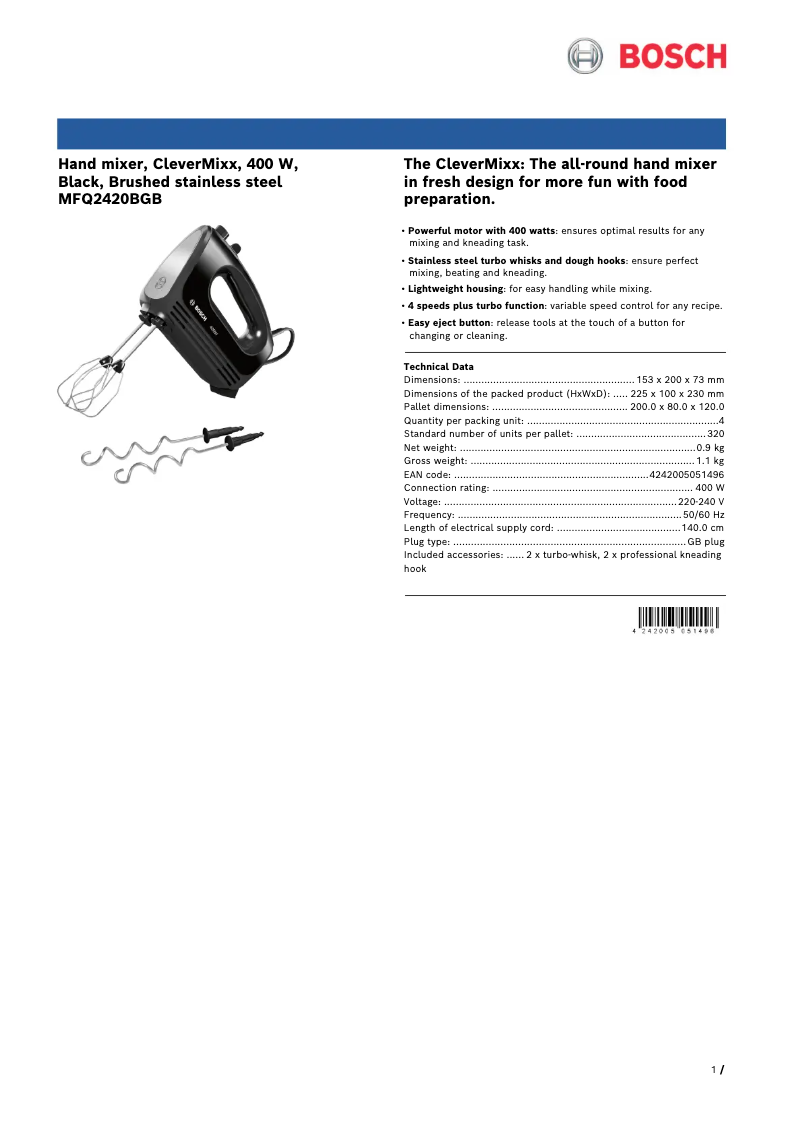 Page n°1 - Fiche technique Bosch MFQ2420B