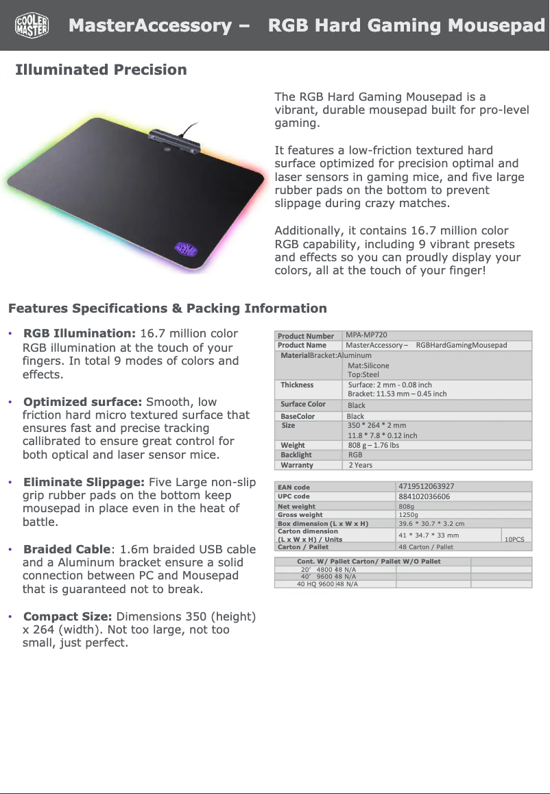 Page 1 de la notice Fiche technique Cooler Master RGB Hard Gaming Mouse Pad