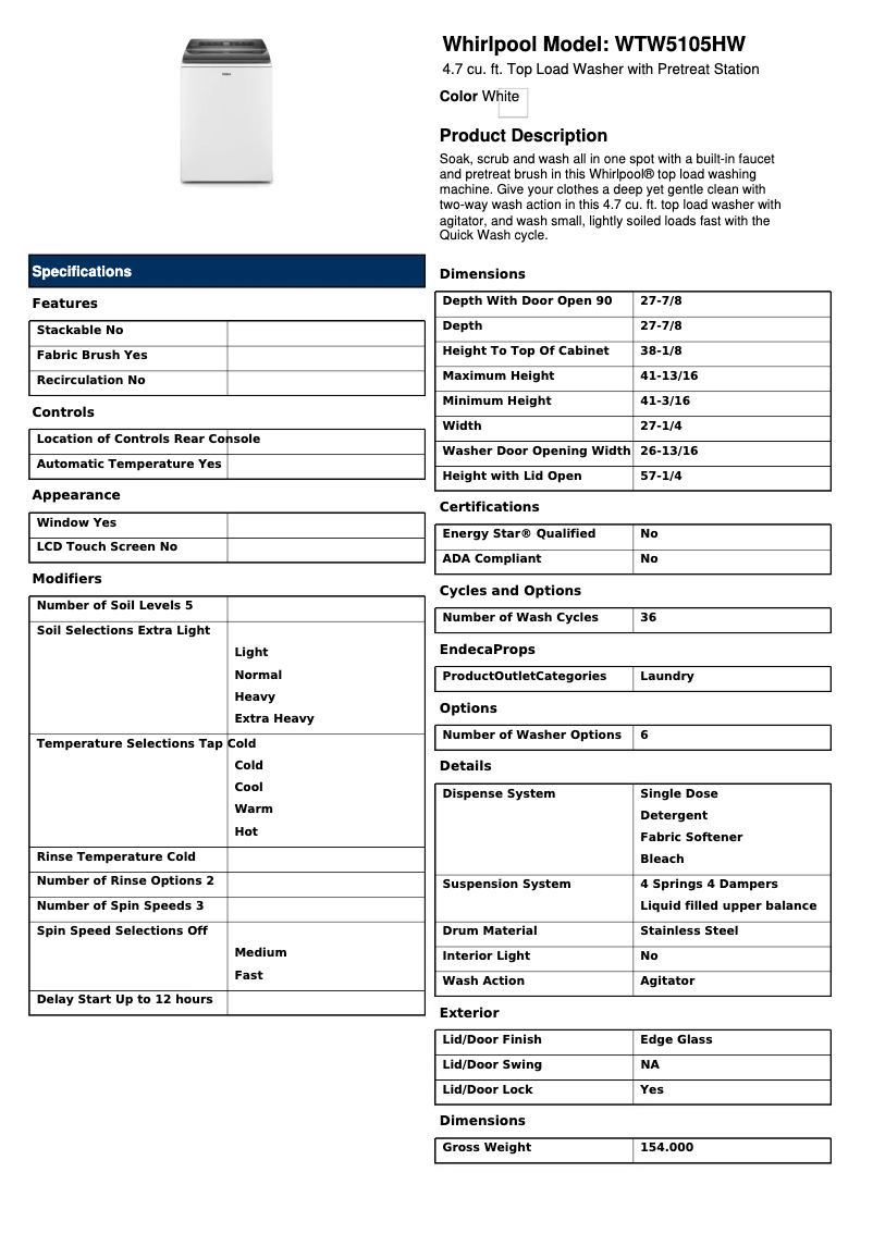 Page 1 de la notice Fiche technique Whirlpool WTW5105HW
