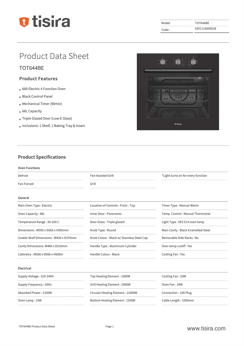Page 1 de la notice Fiche technique Tisira TOT644BE
