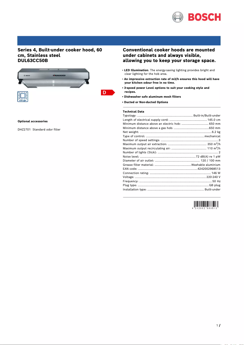 Page 1 de la notice Fiche technique Bosch Serie 4 DUL63CC50B