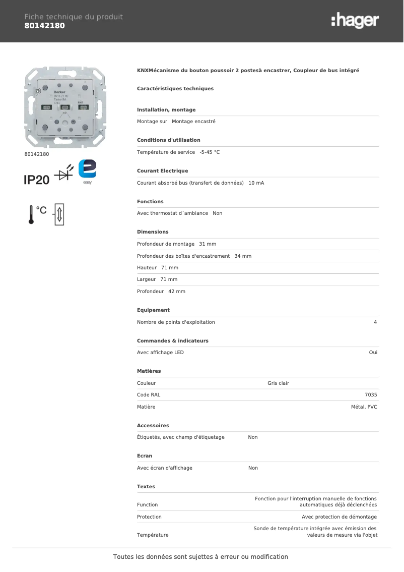 Page n°1 - Fiche technique Hager 80142180