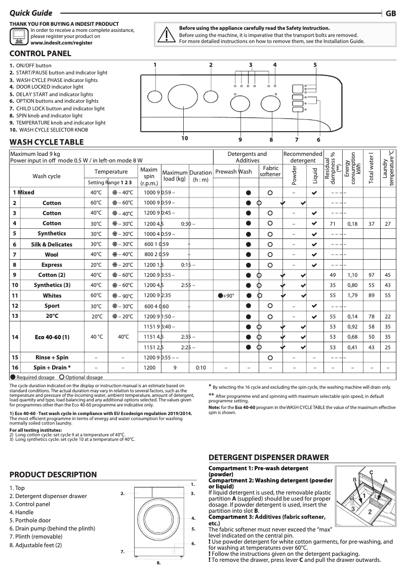 Page n°1 - Guide d'installation Indesit MTWC 91295 W UK N
