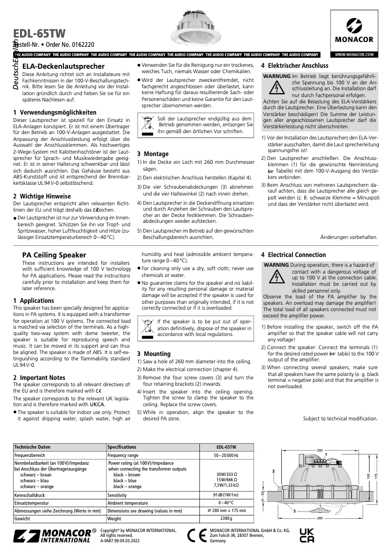 Page n°1 - Manuel utilisateur Monacor EDL-65TW