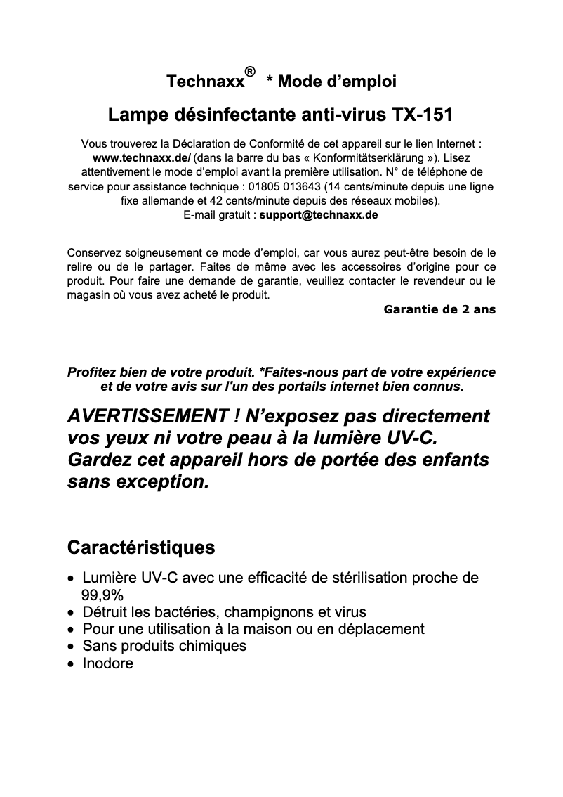 Page n°1 - Manuel utilisateur Technaxx TX-151