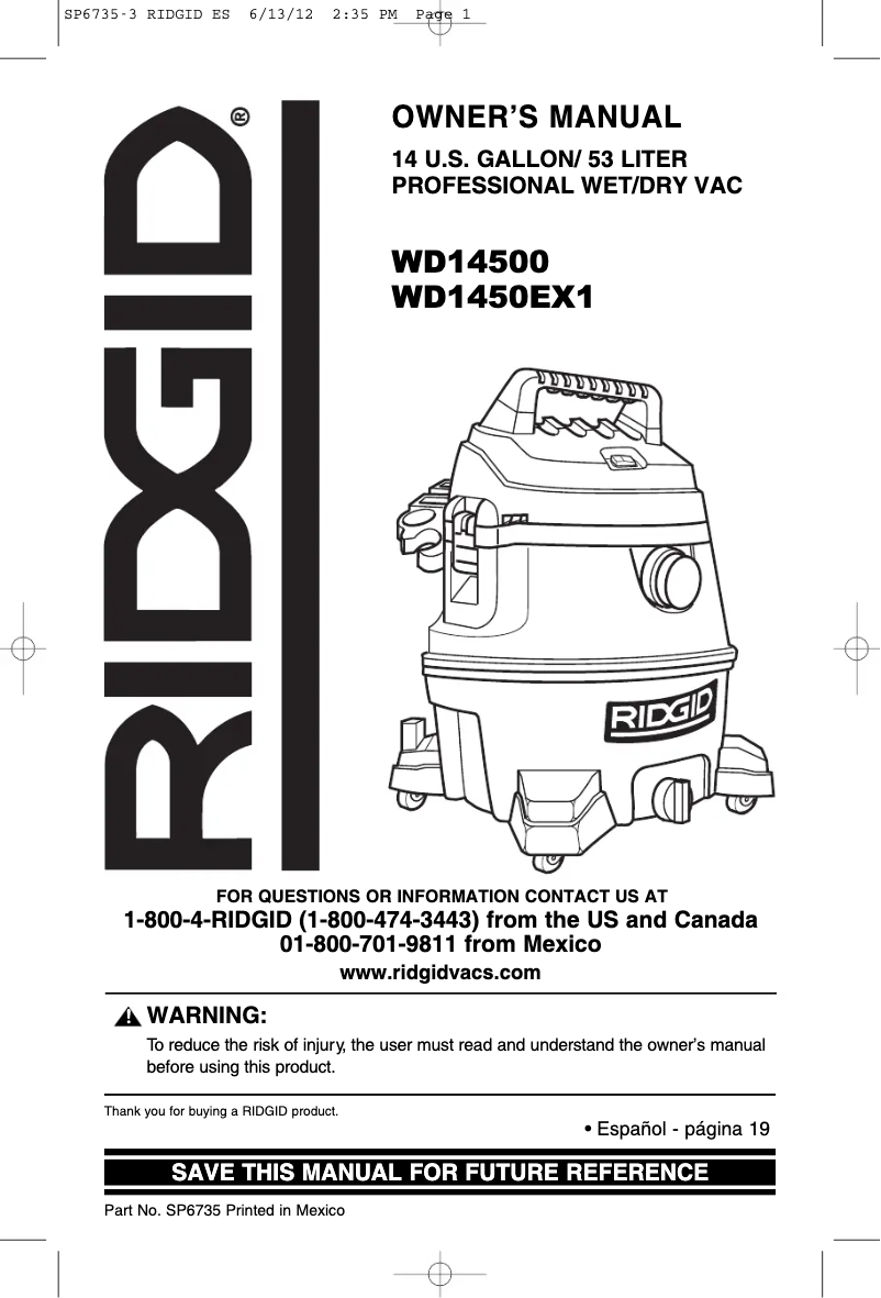 Page n°1 - Manuel utilisateur Ridgid WD1450EX1
