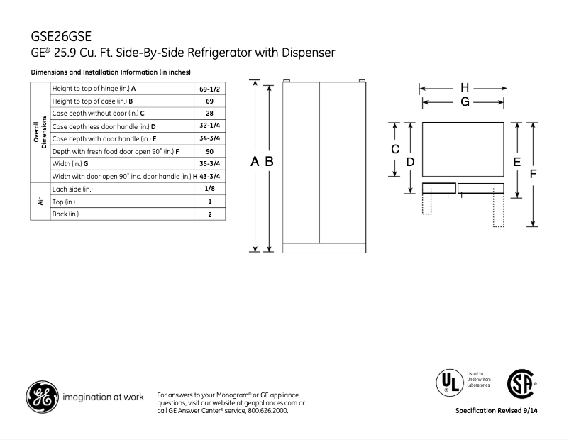 Page n°1 - Fiche technique GE GSE26GSESS