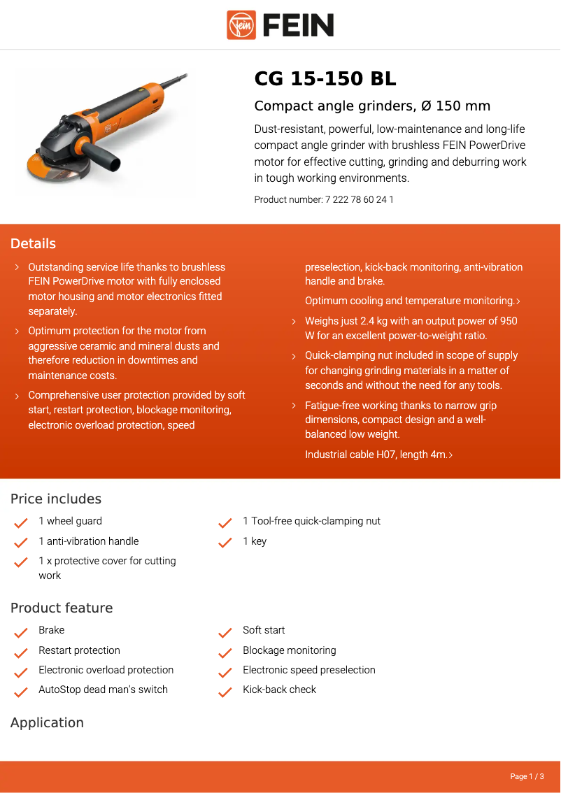 Page 1 de la notice Fiche technique Fein CG 15-150 BL