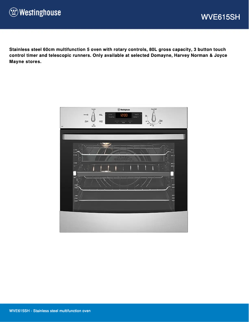 Page 1 de la notice Fiche technique Westinghouse WVE615SH