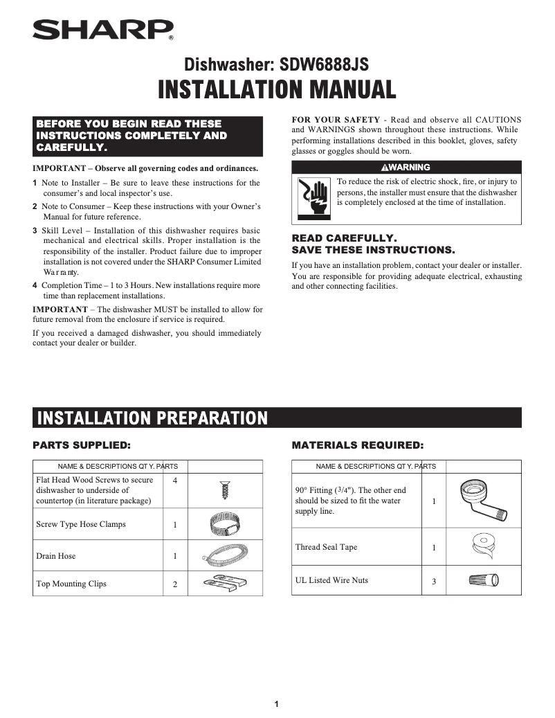 Page 1 de la notice Guide d'installation Sharp SDW6888JS
