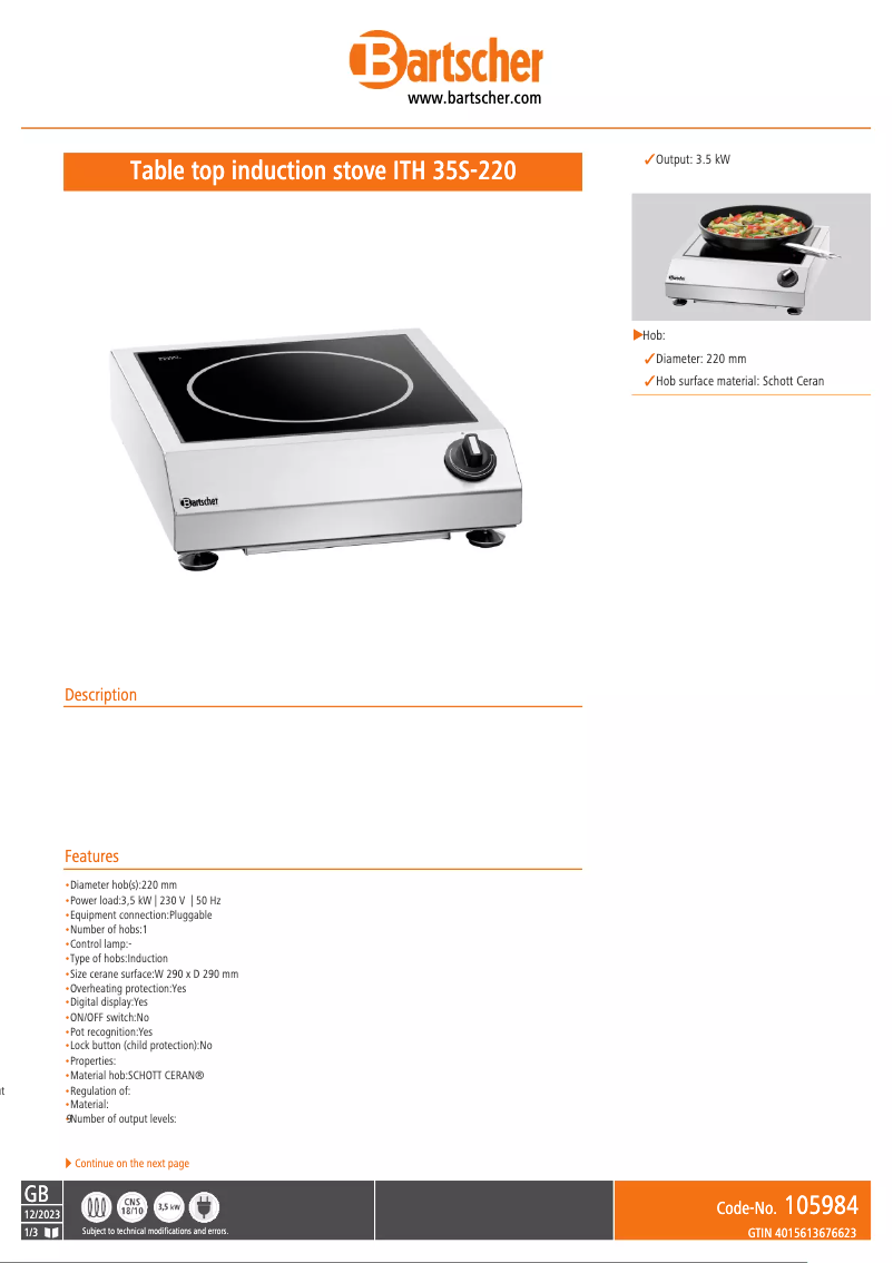 Page n°1 - Fiche technique Bartscher ITH 35S