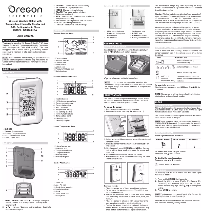 Page 1 de la notice Manuel utilisateur Oregon Scientific BAR688HGA