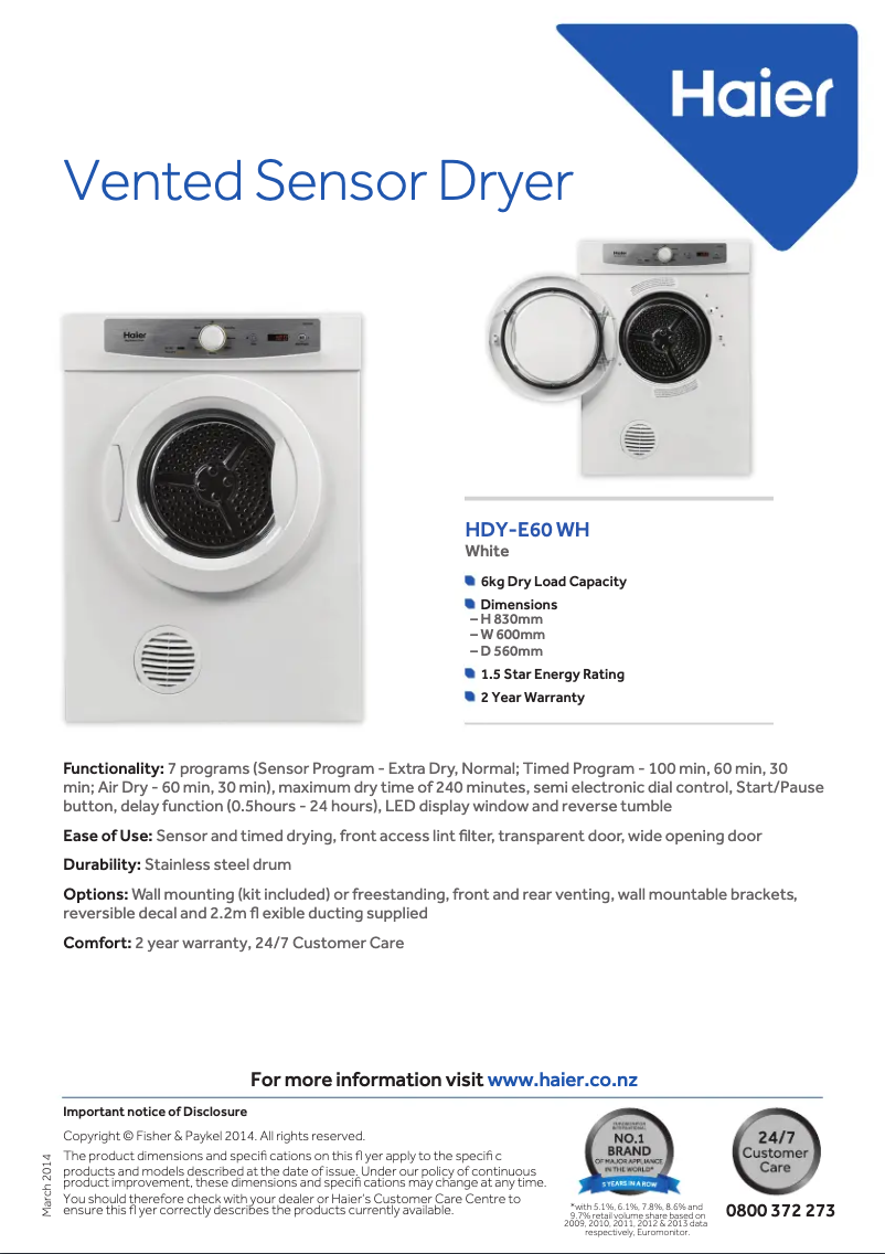 Page 1 de la notice Fiche technique Haier HDY-E60