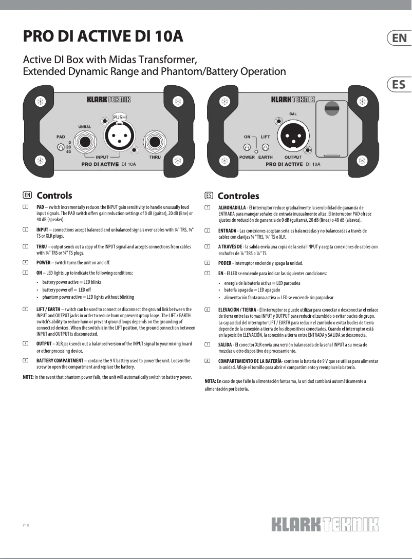 Page 1 de la notice Guide de démarrage rapide Klark Teknik DI 10A