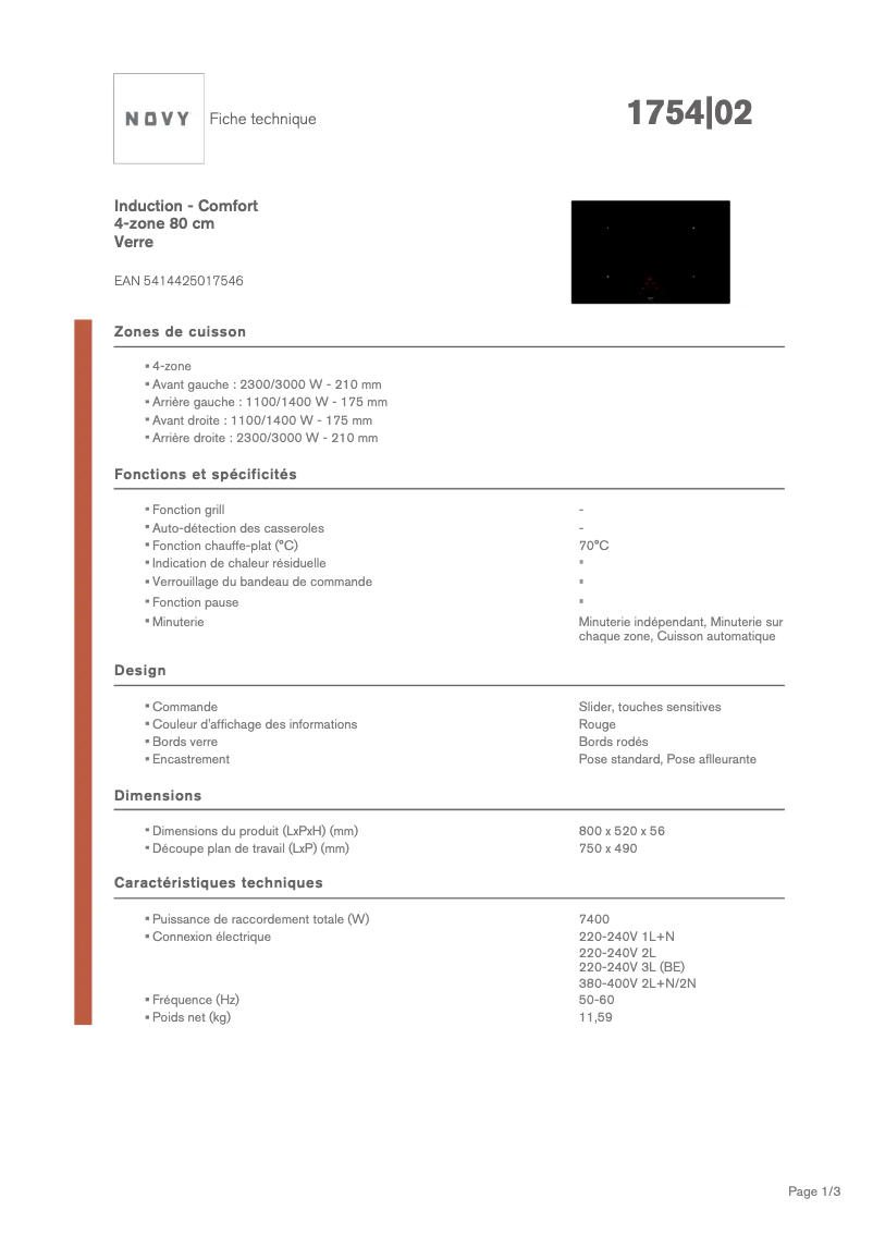 Page 1 de la notice Fiche technique Novy Comfort 1754