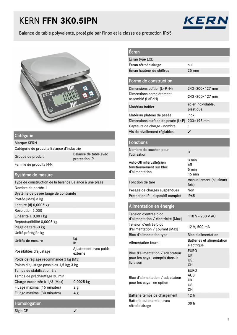 Page 1 de la notice Fiche technique Kern FFN 3K0.5IPN