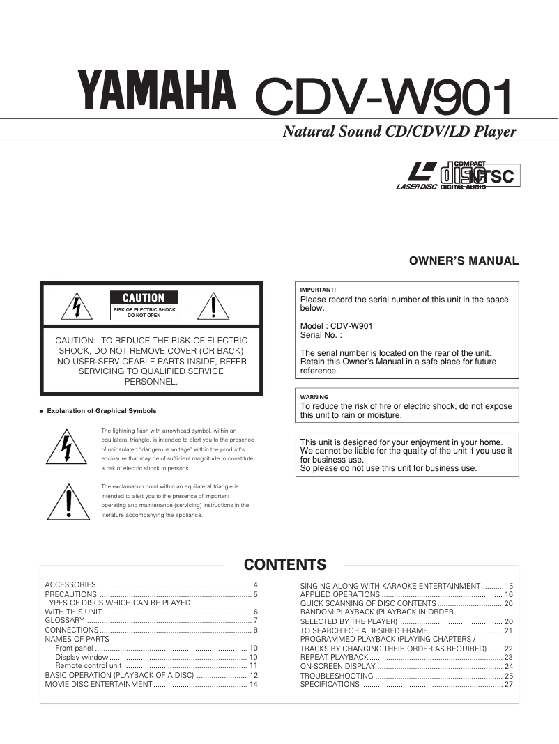 Page 1 de la notice Manuel utilisateur Yamaha CDV-W901