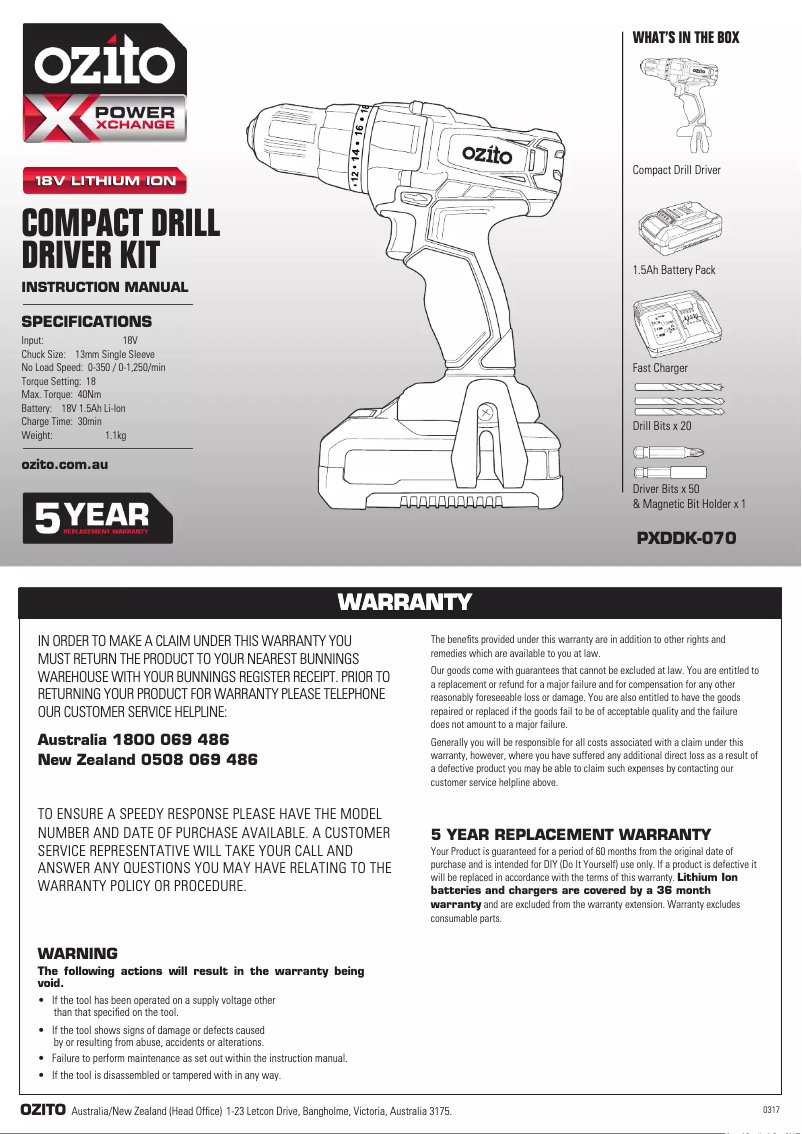 Page 1 de la notice Mode d'emploi Ozito PXDDK-070