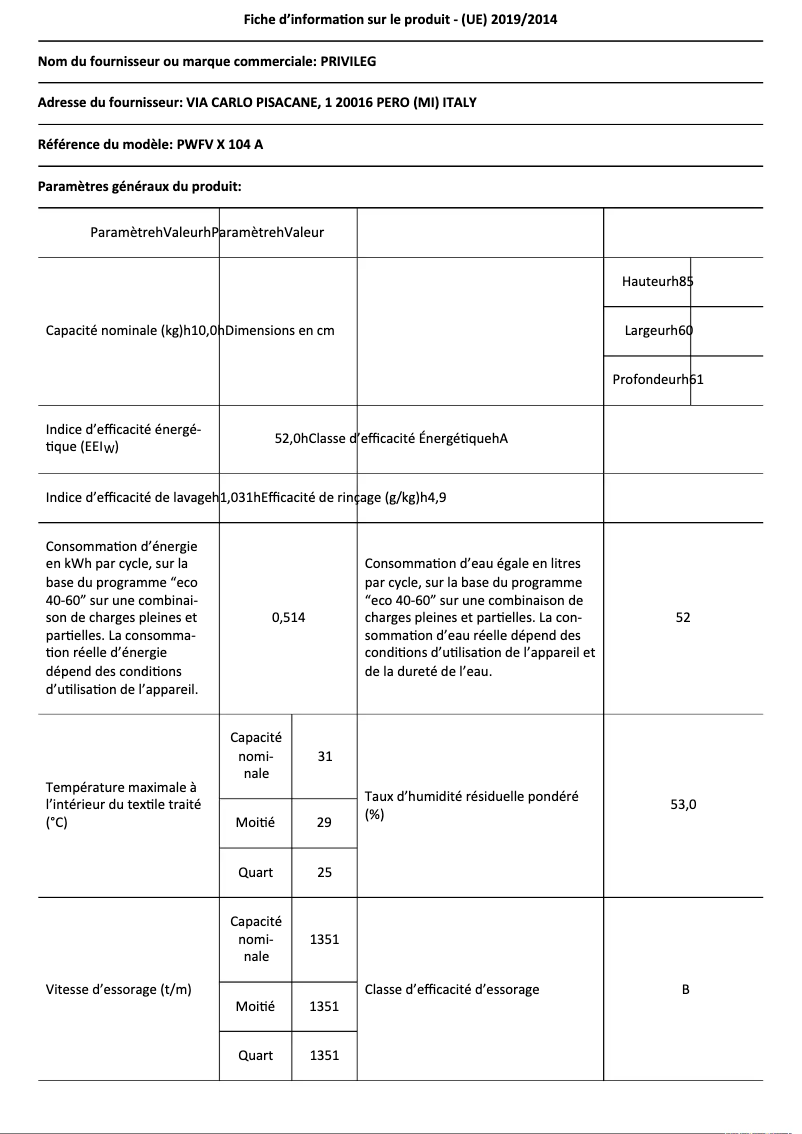 Image de la première page du manuel de l'appareil PWFV X 104 A