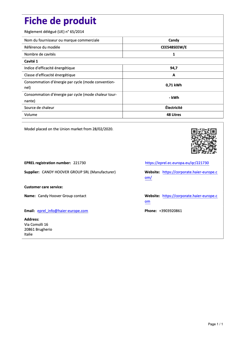 Page 1 de la notice Fiche technique Candy CEE548SEEW/E