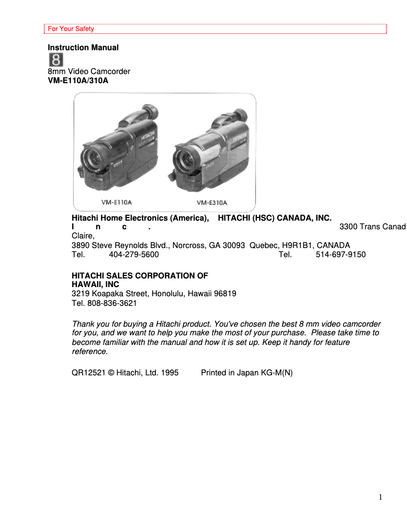Page 1 de la notice Manuel utilisateur Hitachi VM-E110A