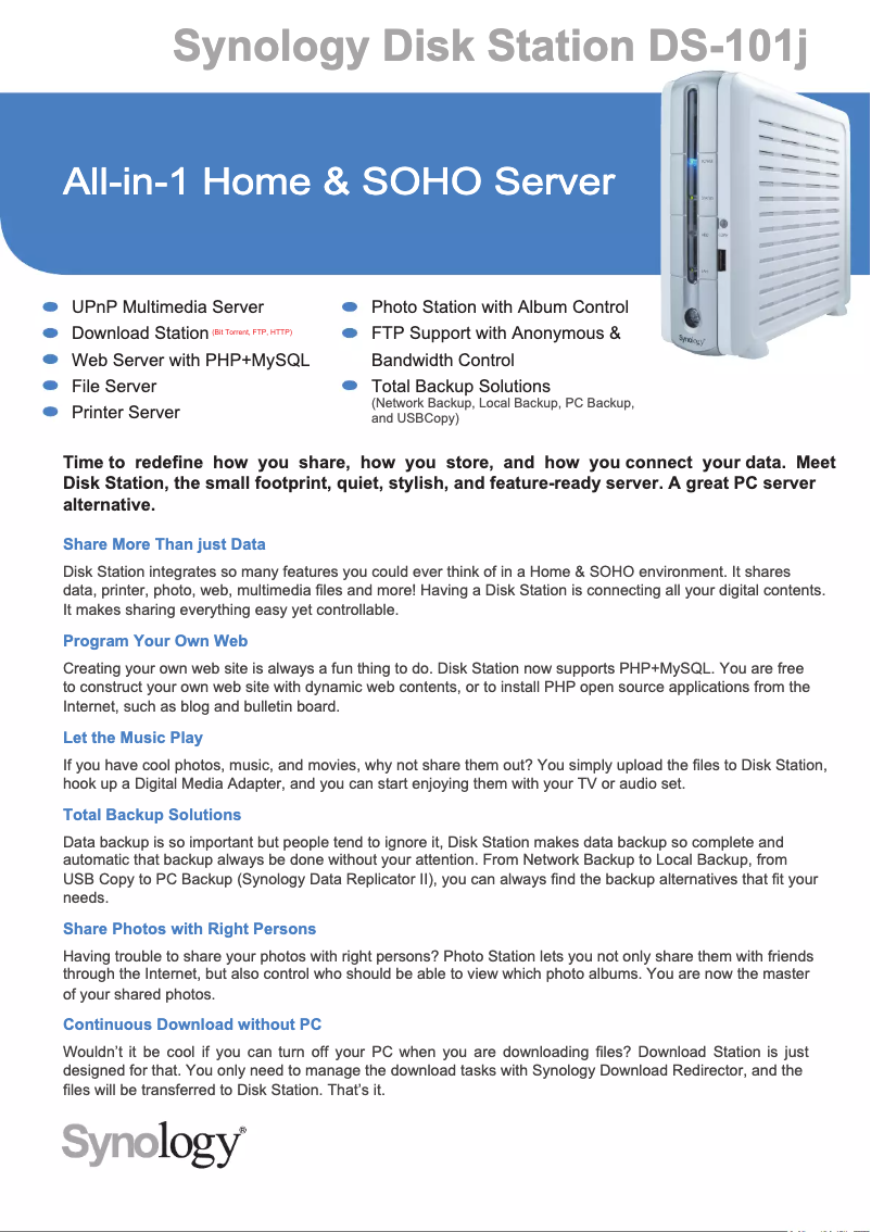 Page 1 de la notice Fiche technique Synology DiskStation DS-101j