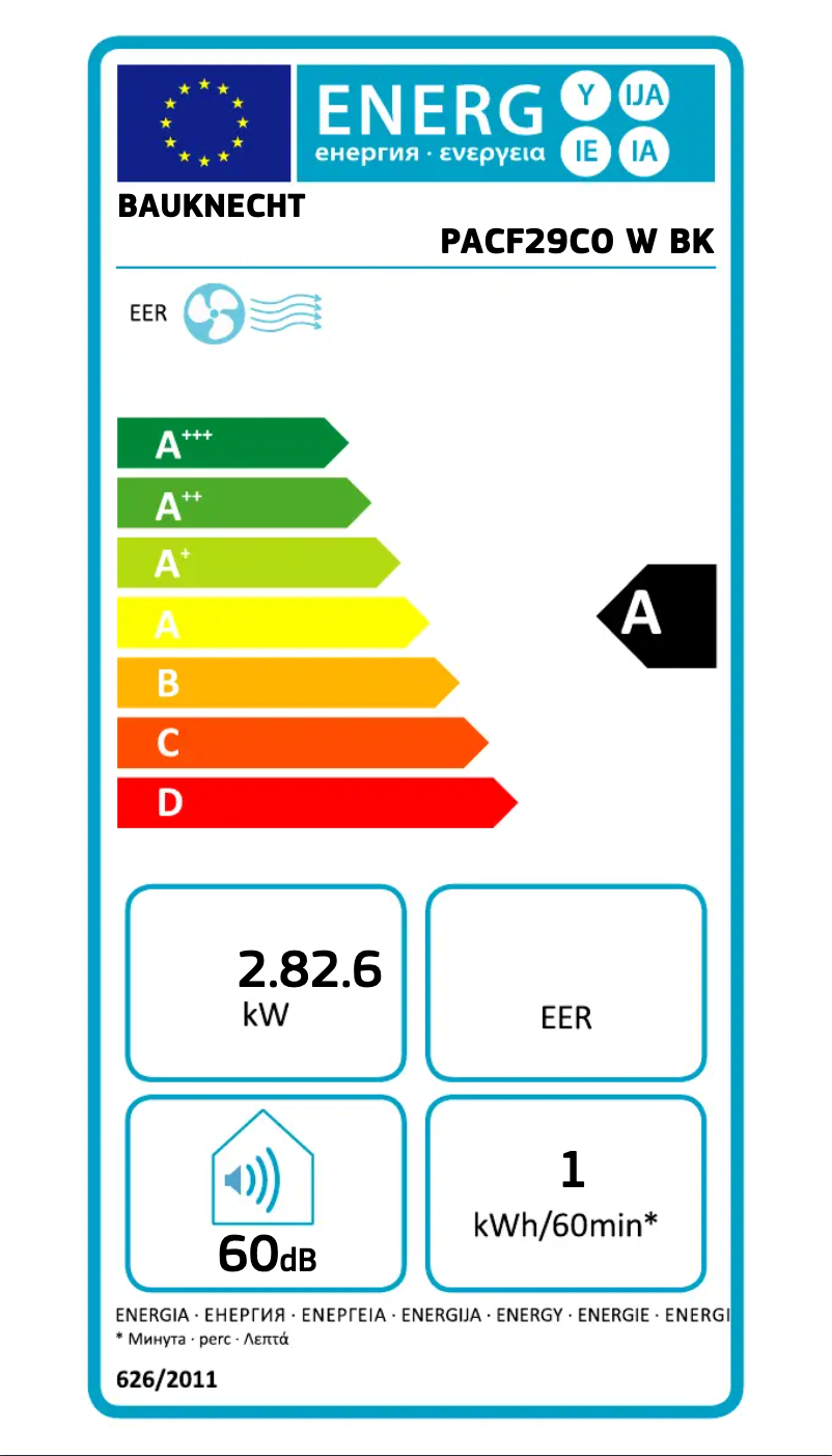 Page 1 de la notice Label énergétique Bauknecht PACF29CO W BK