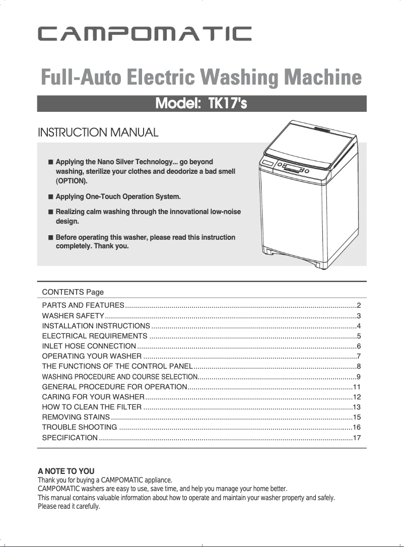 Page 1 de la notice Manuel utilisateur Campomatic TK17