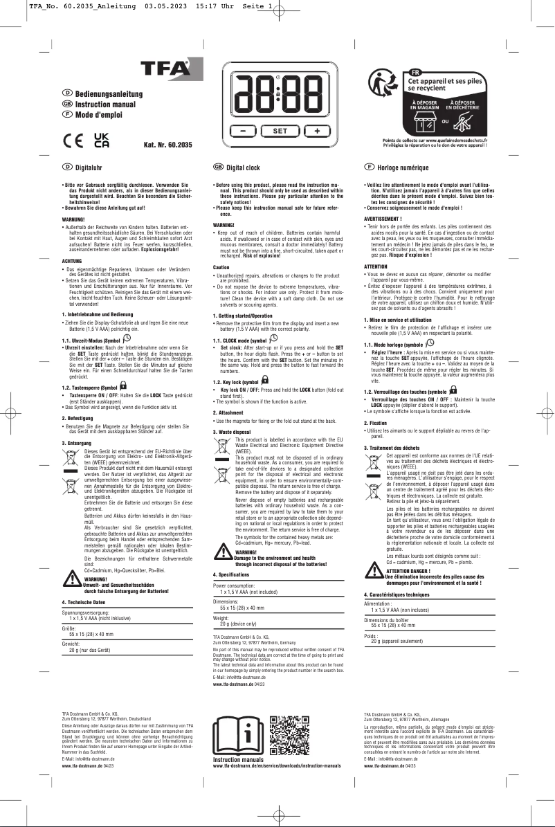 Page 1 de la notice Manuel utilisateur TFA 60.2035.01