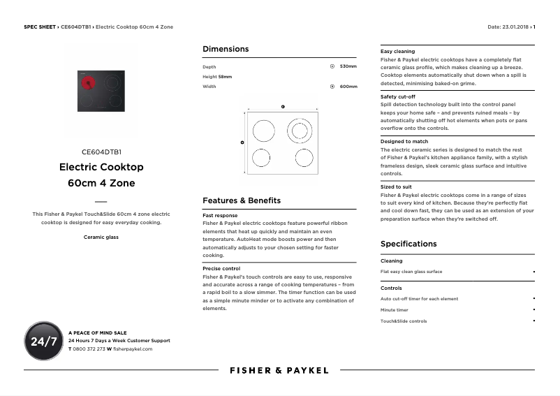 Page 1 de la notice Fiche technique Fisher & Paykel CE604DTB1