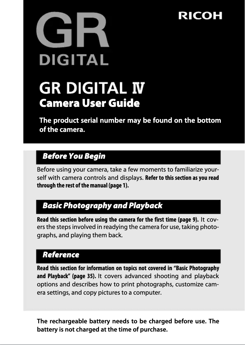 Page 1 de la notice Manuel utilisateur Ricoh GR Digital IV