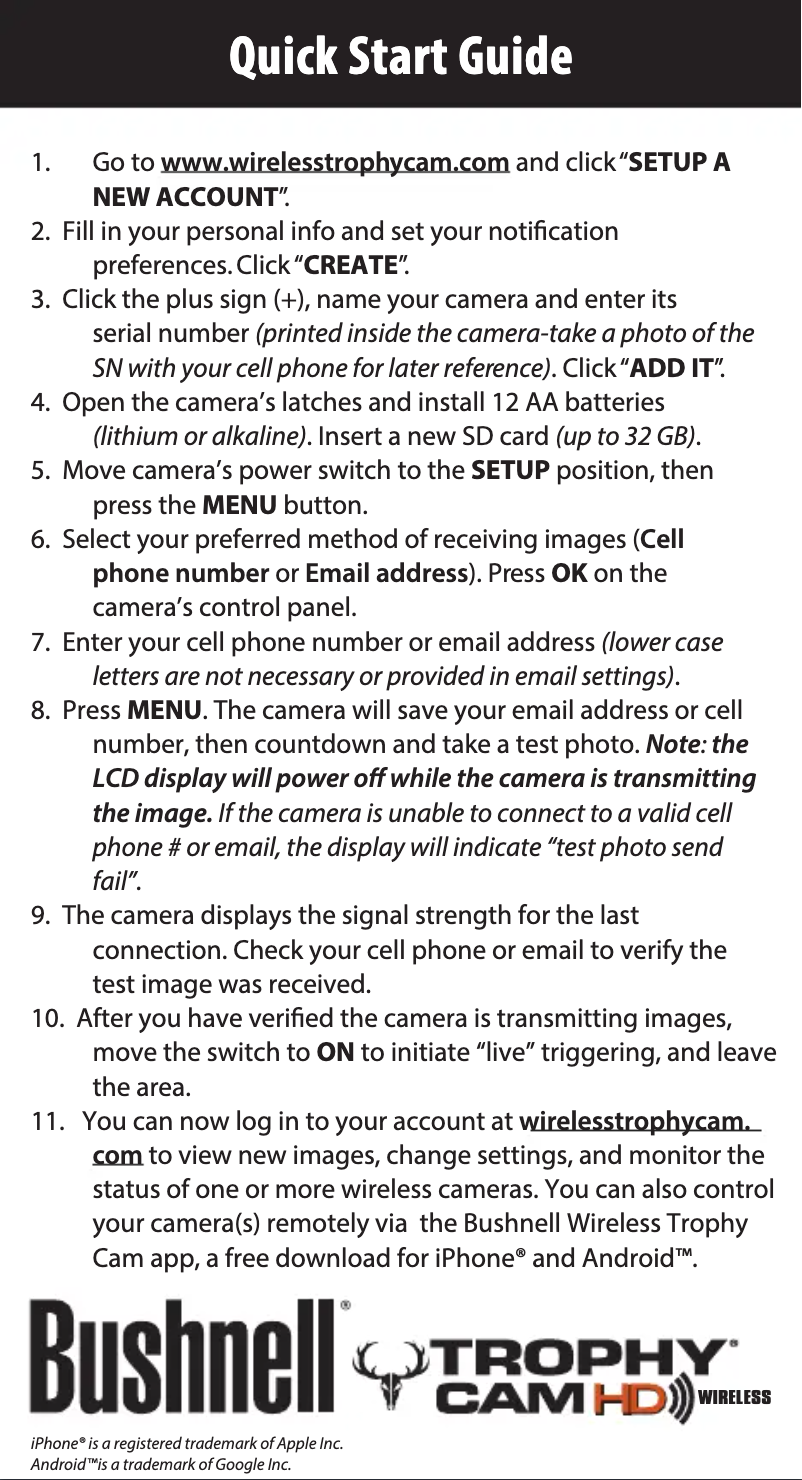 Page n°1 - Guide de démarrage rapide Bushnell Trophy Cam HD Wireless 119599C