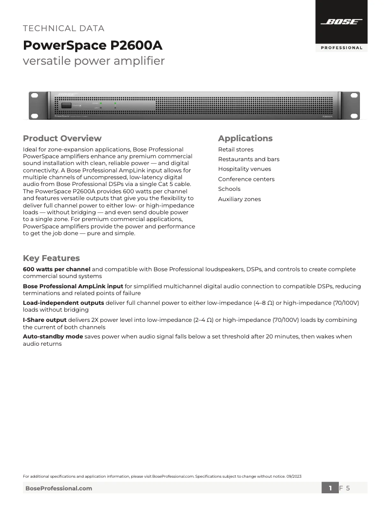 Page 1 de la notice Fiche technique Bose PowerSpace P2600A
