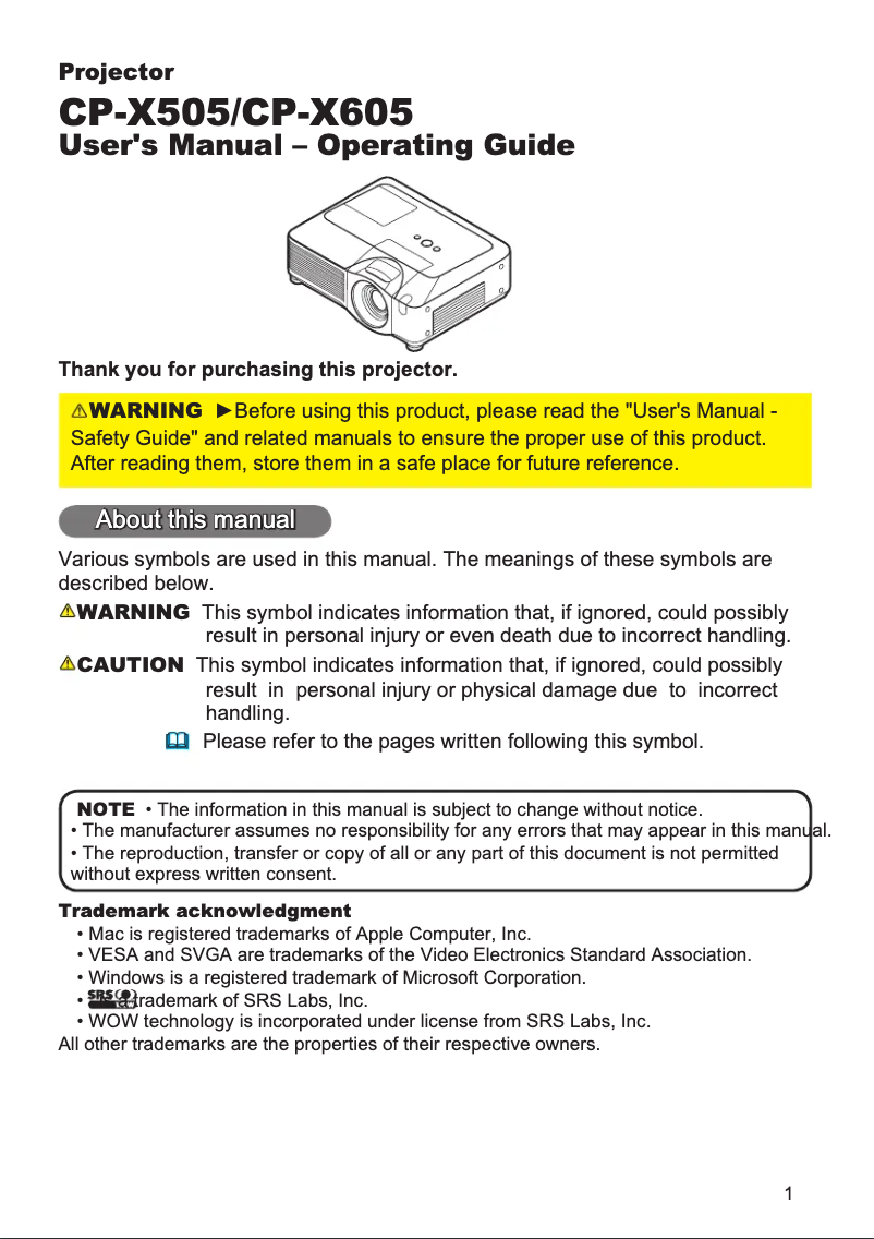 Imagen de la primera página del manual del dispositivo CP-X605