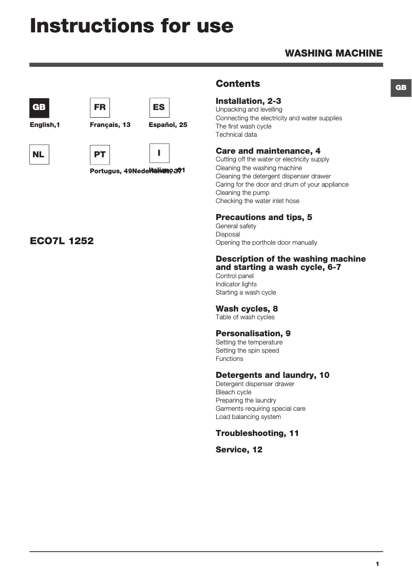 Page n°1 - Manuel utilisateur Hotpoint Ariston ECO7L 1252 EU.T