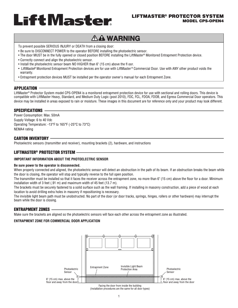 Page 1 de la notice Manuel utilisateur LiftMaster CPS-OPEN4