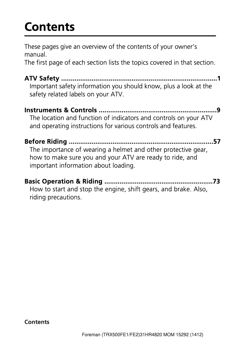 Page 1 de la notice Manuel utilisateur Honda Fourtrax Foreman TRX500FE1 (2016)
