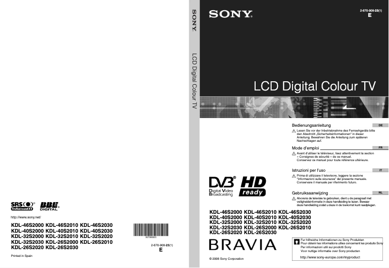 Page 1 de la notice Manuel utilisateur Sony Bravia KDL-40S2000