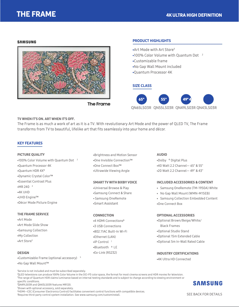 Page 1 de la notice Fiche technique Samsung The Frame QN65LS03RAFXZA