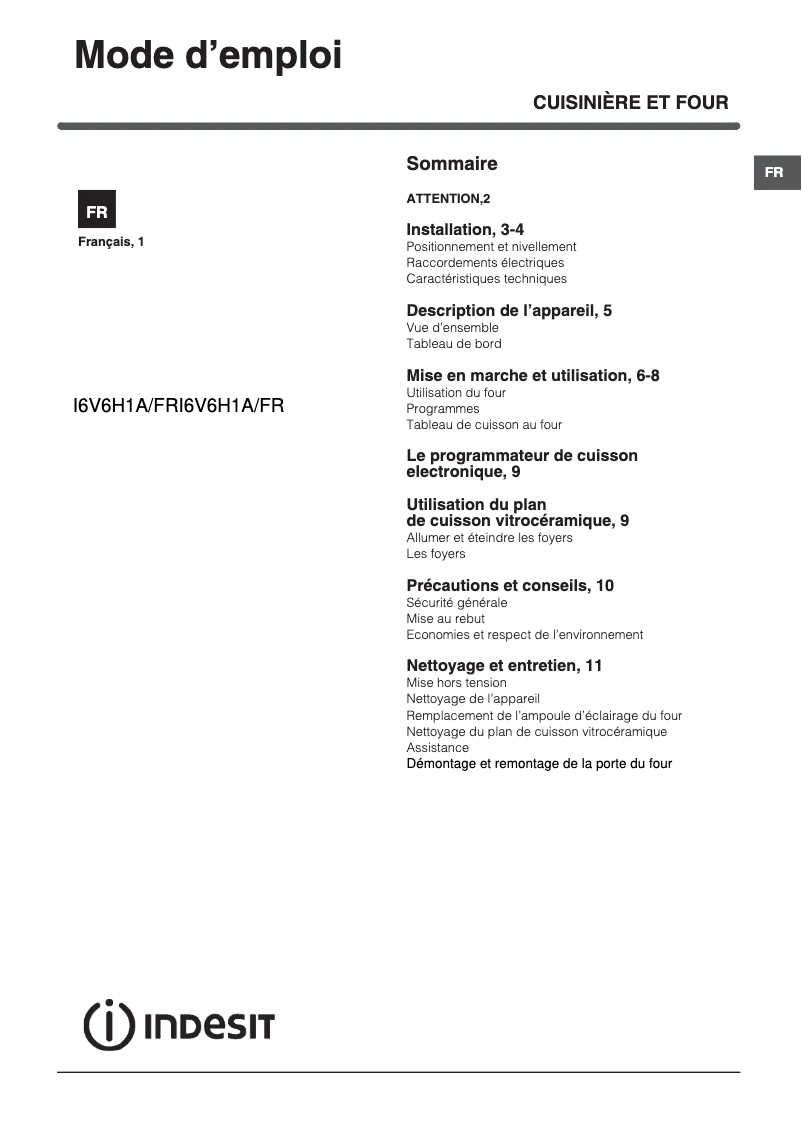 Page 1 de la notice Manuel utilisateur Indesit I6V6H1A(W) FR