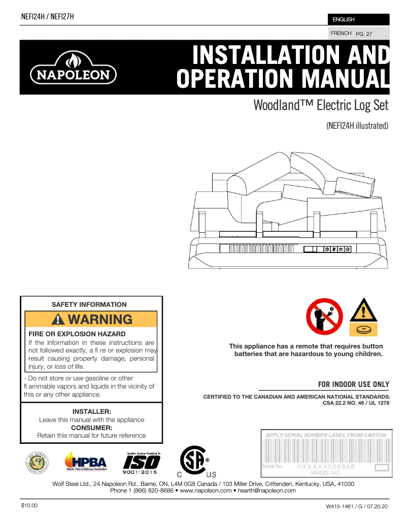 Page 1 de la notice Manuel utilisateur Napoleon Woodland NEFI27H